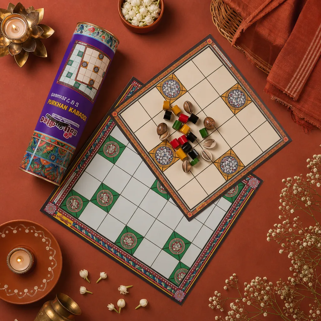 Chowka Bara 5 & 7 House Board Game Combo Set | Cotton Canvas Mat & Wooden Pawns | Ashta Chamma (Telugu), Daayam (Tamil) | Includes How to Play Instructions