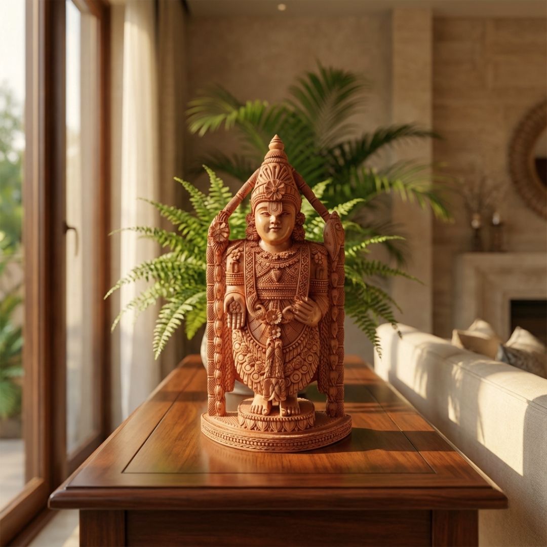 Lord Venkateswara Balaji Wooden Sculpture in Traditional South Indian Style
