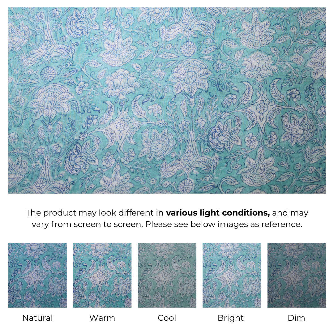 Single-Sided Block Printed Mal Cotton Fabric in Teal Floral Pattern