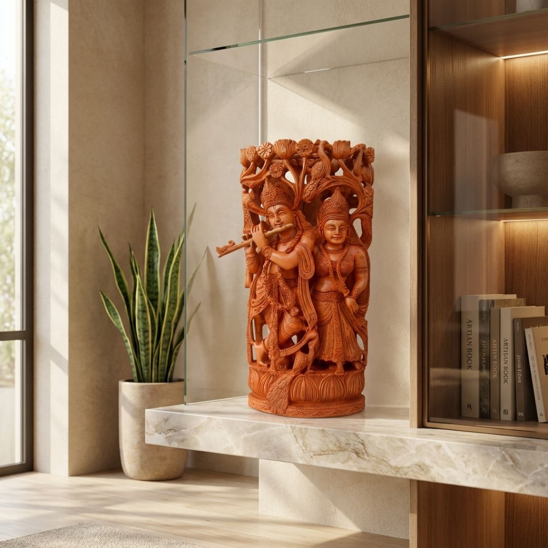 Radha Krishna Jugal Murti in Sandalwood with Intricate Tree Carving