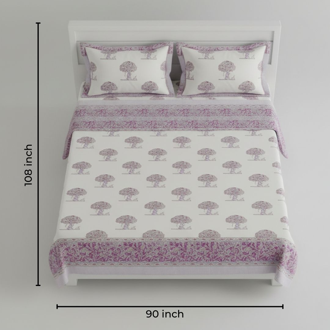 Single-Sided Block Printed Double Bedsheet in Soft Pink Floral Motif