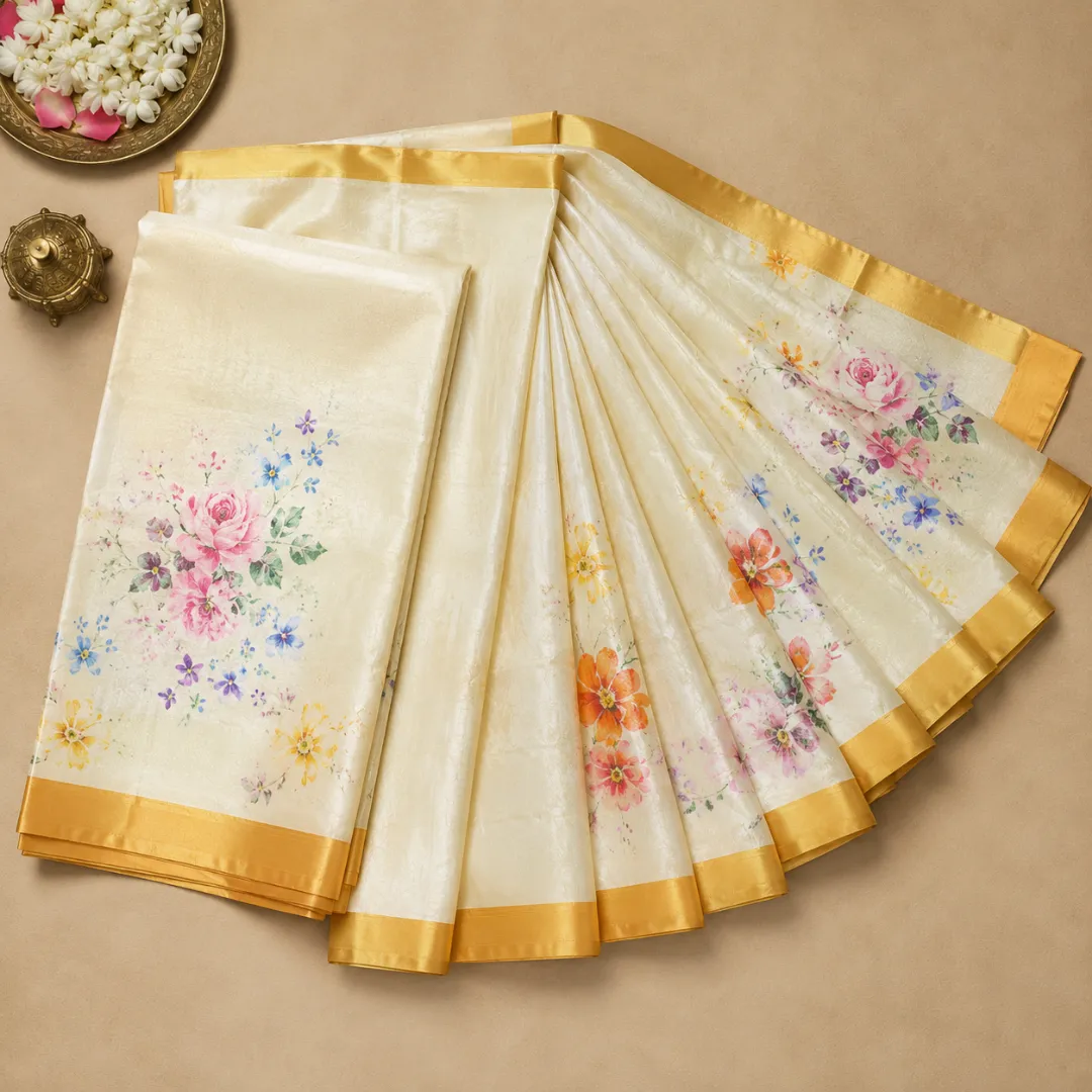 Handcrafted Cream Modal Silk Saree with Multicolor Floral Prints, Gold-Peach Borders & Blouse Piece