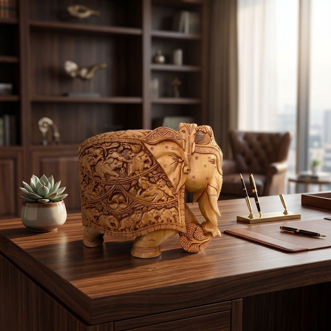 Royal Elephant Sculpture with Heavy Carved Jungle Scene in Sandalwood