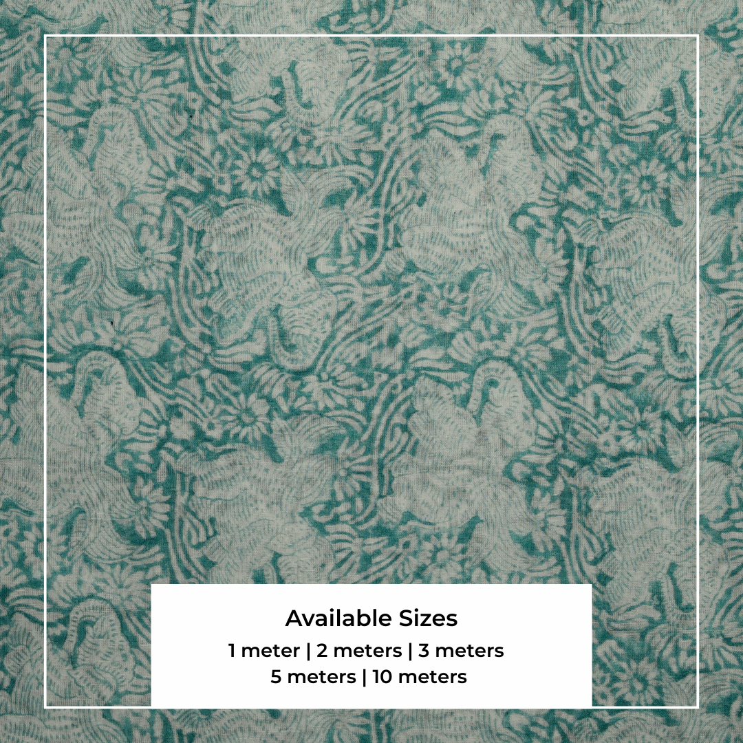 Single-Sided Block Printed Mal Cotton Fabric in Soft Green Floral Pattern