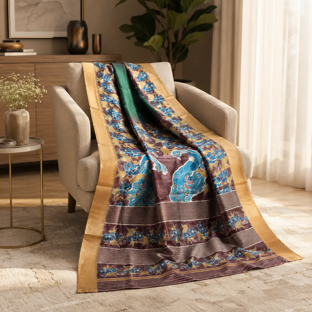 Golden Aura Handcrafted Bapta Tissue Saree with Abstract Pattern & Blouse Piece