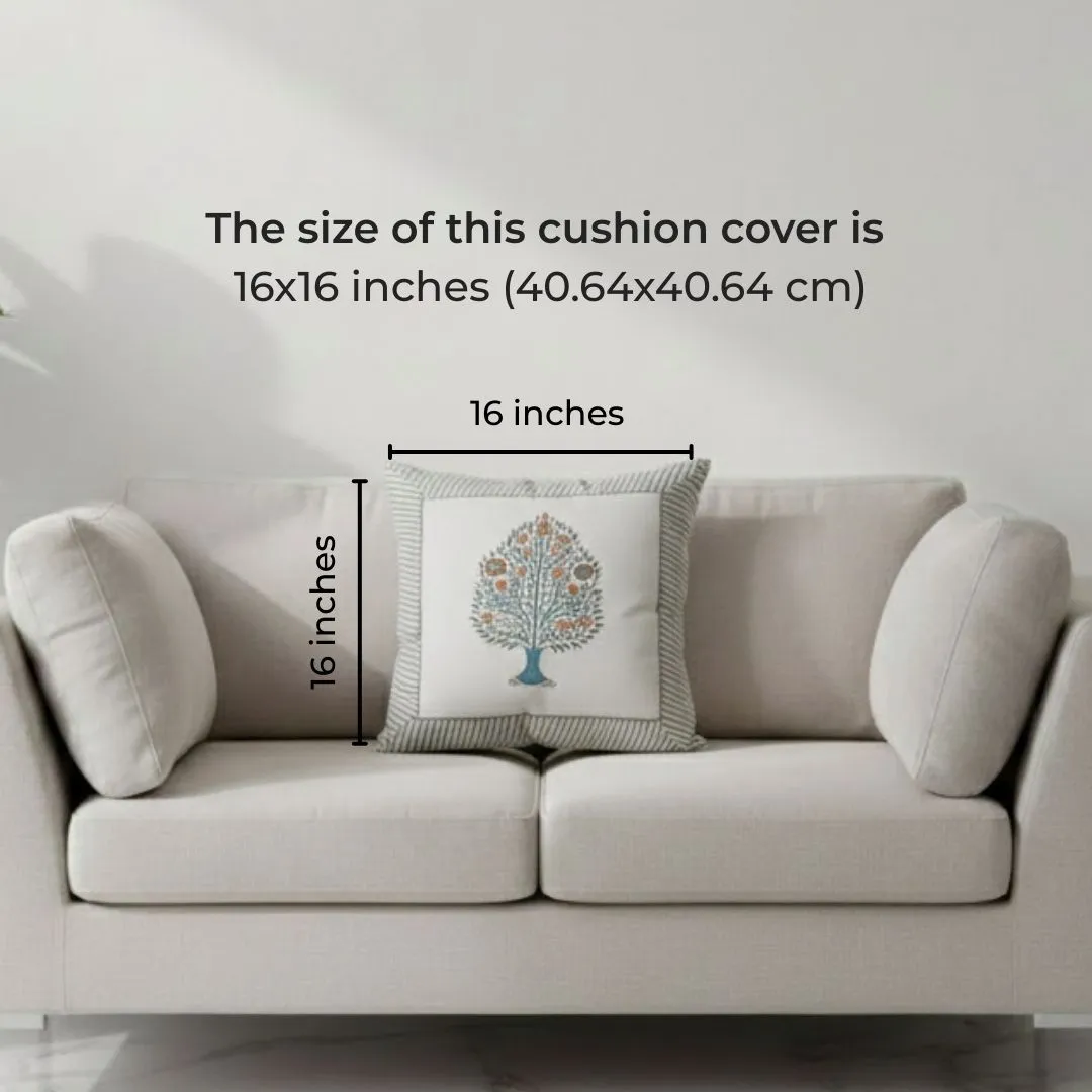 South Cotton Block Printed Cushion Covers with Central Motif & Blue Border (Set of 2)
