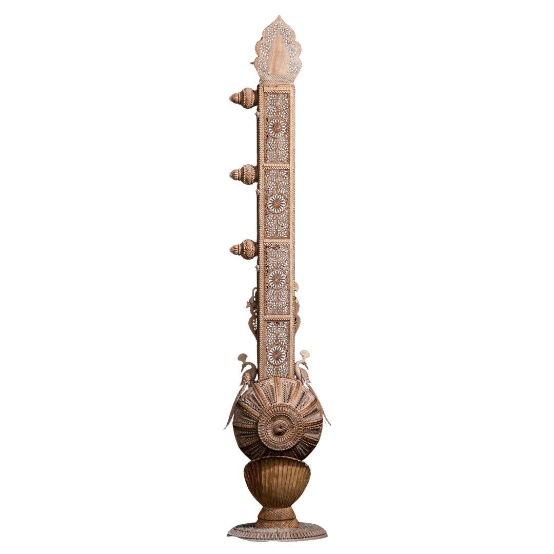 Pure Sandalwood Divine Veena Sculpture with Ornate Carving
