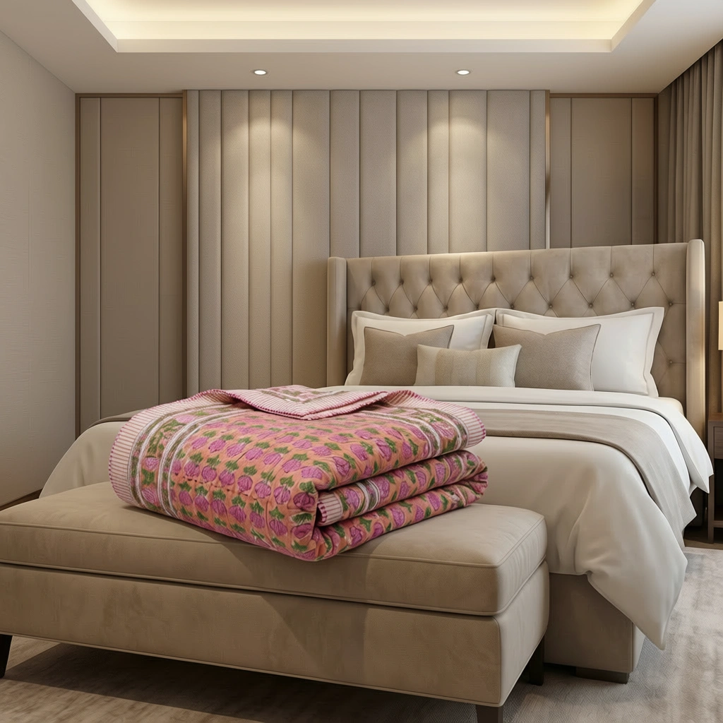 Single Double-Sided Block Printed Cotton Comforter in Pink Green Floral Pattern