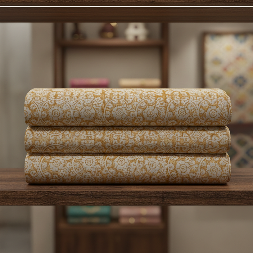 Single-Sided Hand Block Printed Mal Cotton Fabric – Mustard Floral | Sold Per Meter