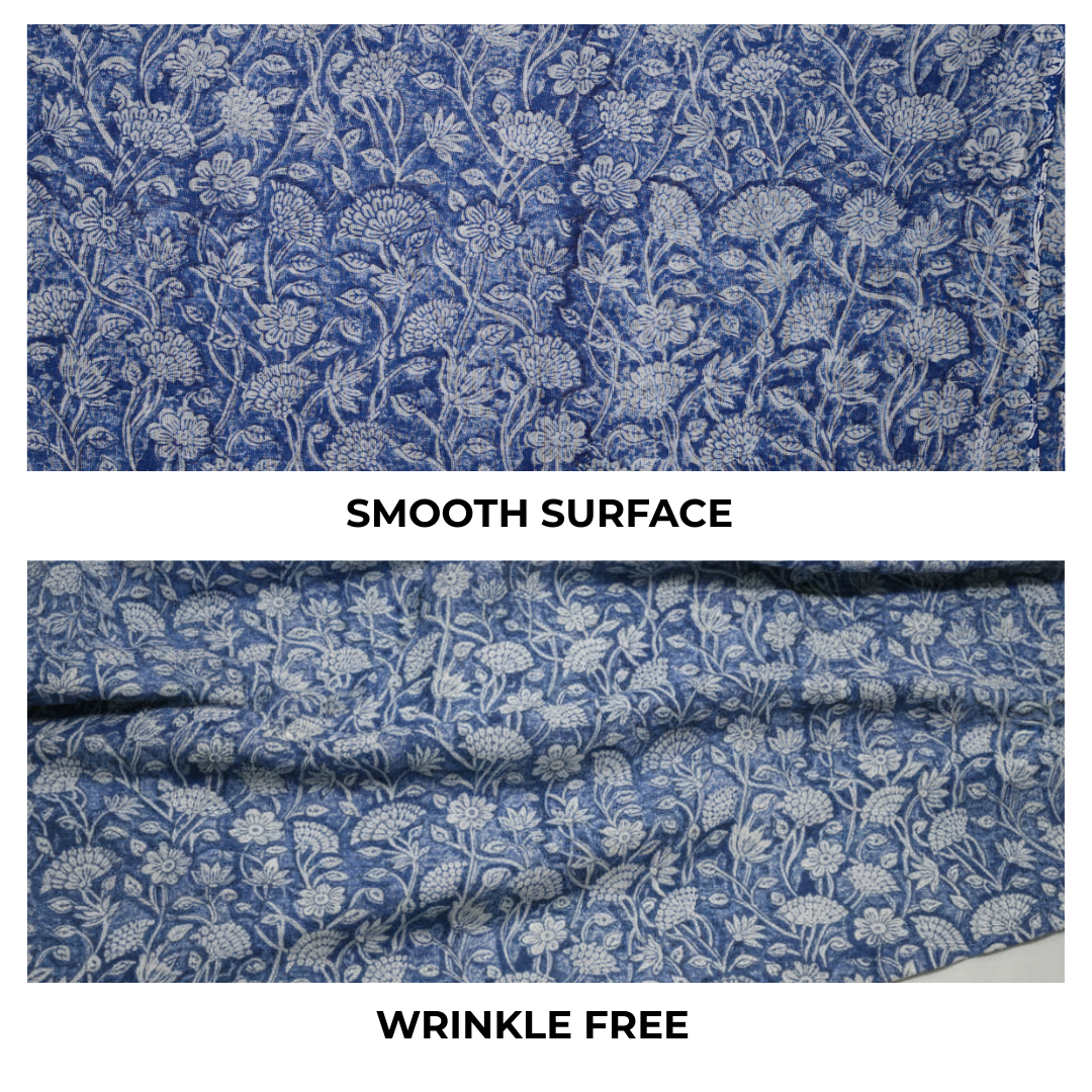 Single-Sided Block Printed Mal Cotton Fabric in Indigo Floral Pattern