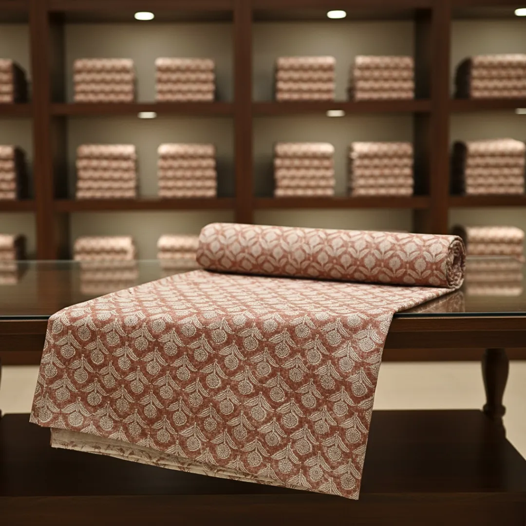 Single-Sided Hand Block Printed Mal Cotton Fabric – Brown Geometric Lattice | Sold Per Meter