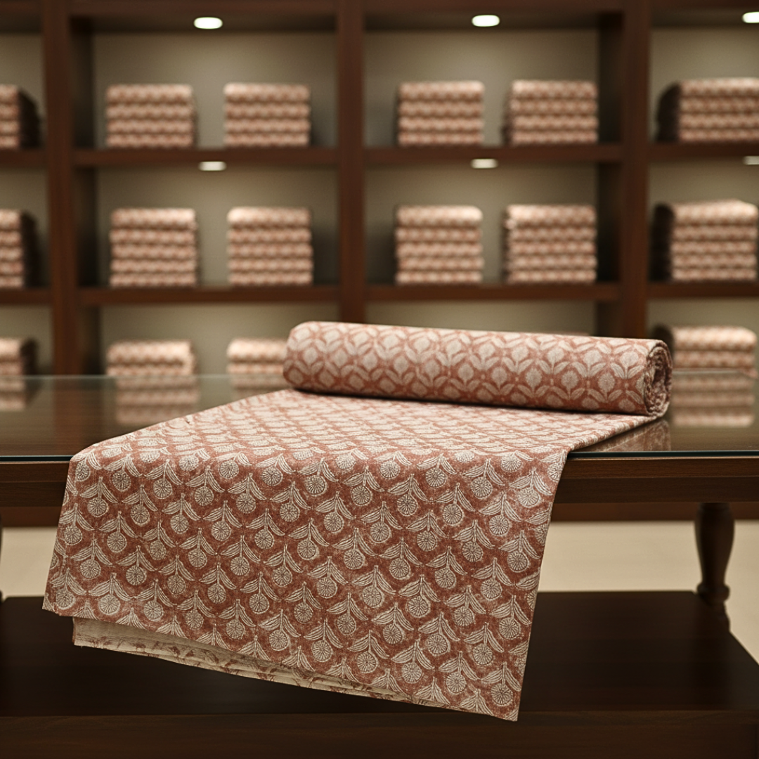 Single-Sided Block Printed Mal Cotton Fabric in Brown Geometric Lattice Pattern