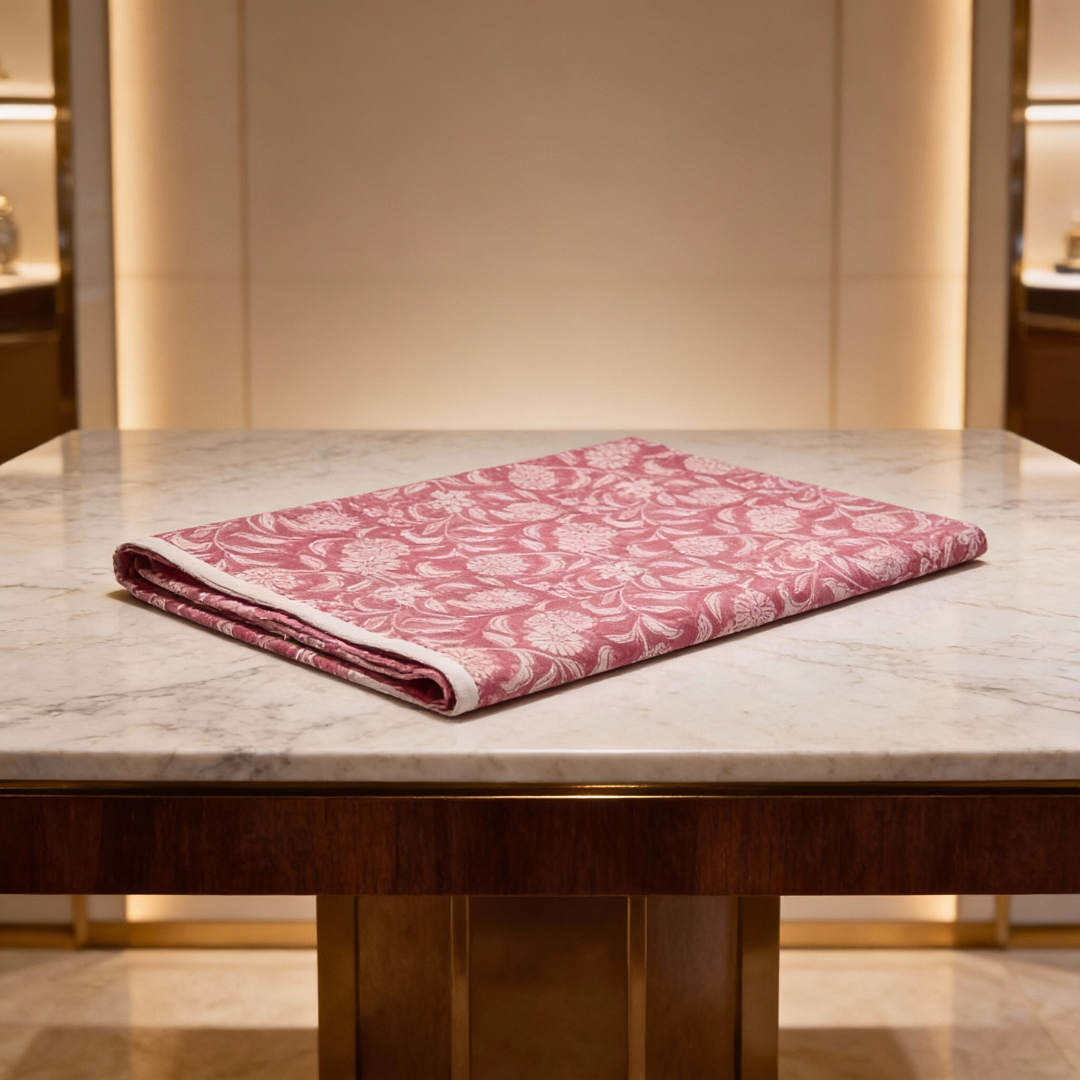 Single-Sided Block Printed Mal Cotton Fabric in Pink Floral Pattern