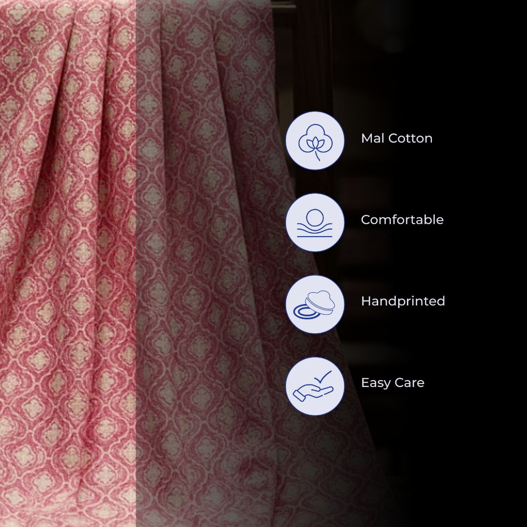 Single-Sided Hand Block Printed Mal Cotton Fabric Than – Soft Pink Motif | Sold Per Meter