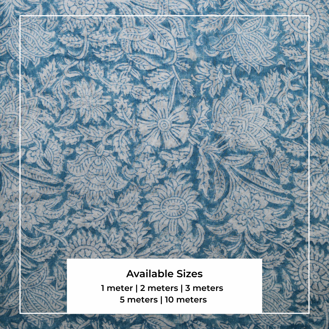 Single-Sided Block Printed Mal Cotton Fabric in Blue Botanical Pattern