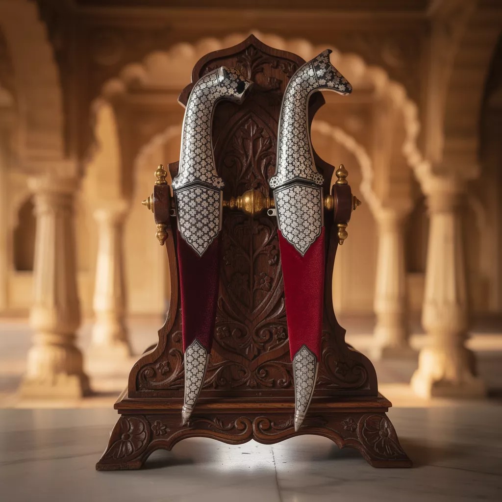 Red Handle Koftgari Decorative Dagger Pair with Fine Traditional Metal Inlay Art