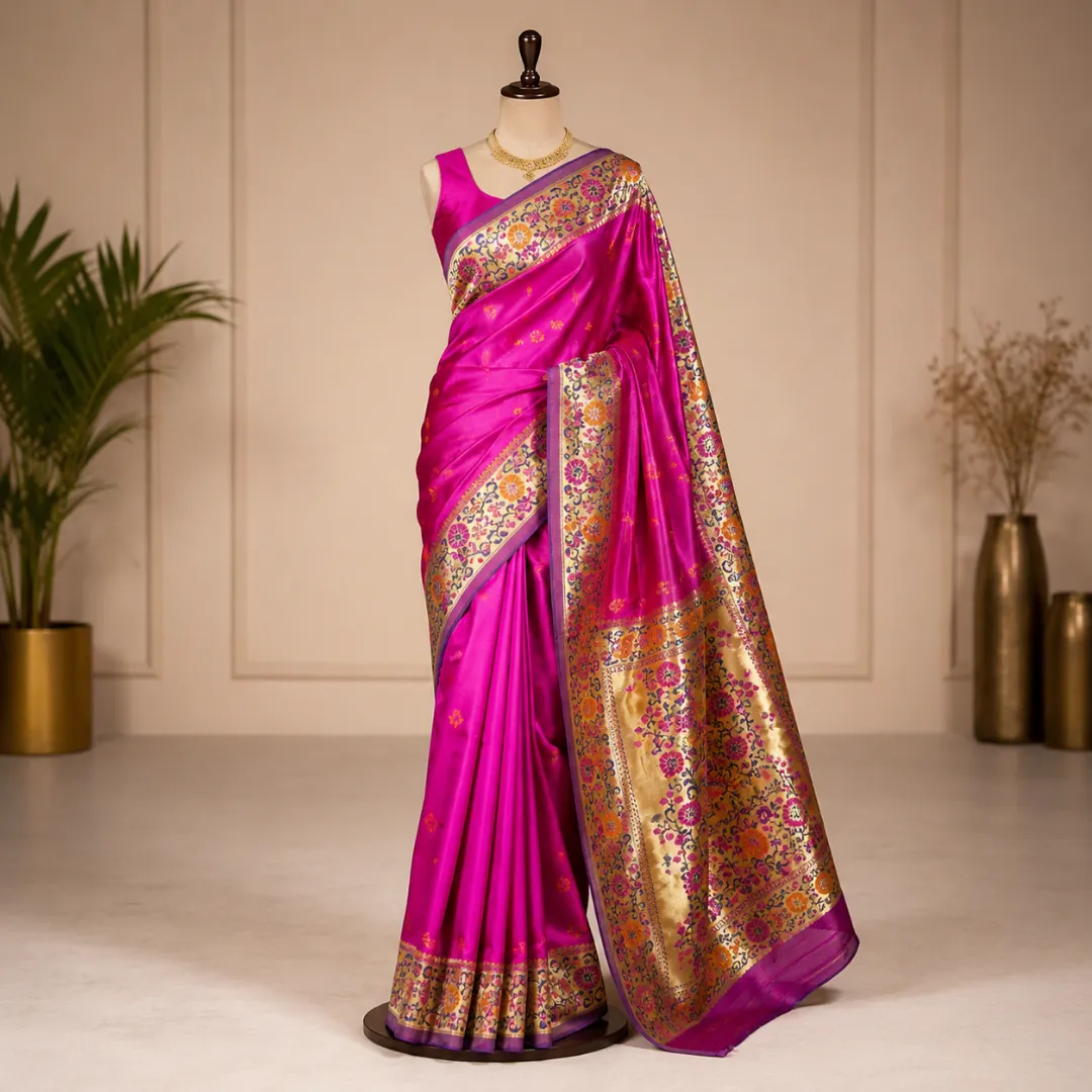 Handcrafted Fuchsia Pink Khadi Paithani Silk Saree 