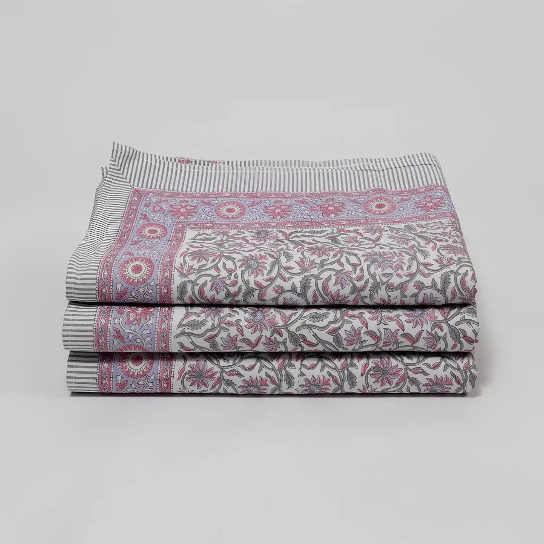 Single-Sided Block Printed Double Bedsheet in Soft Pink All-Over Pattern