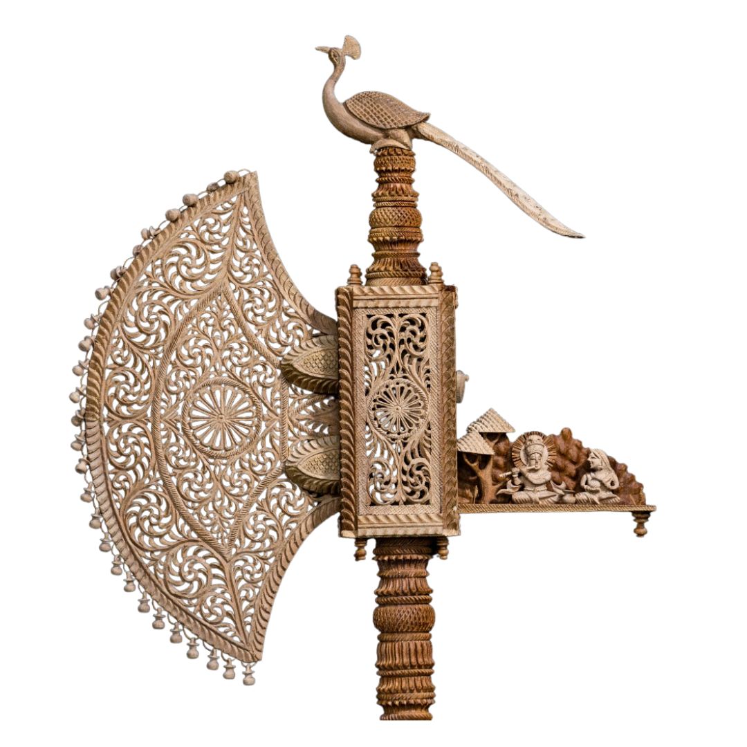 Pure Sandalwood Lace-Carved Heritage Pankha with Peacock Handle 