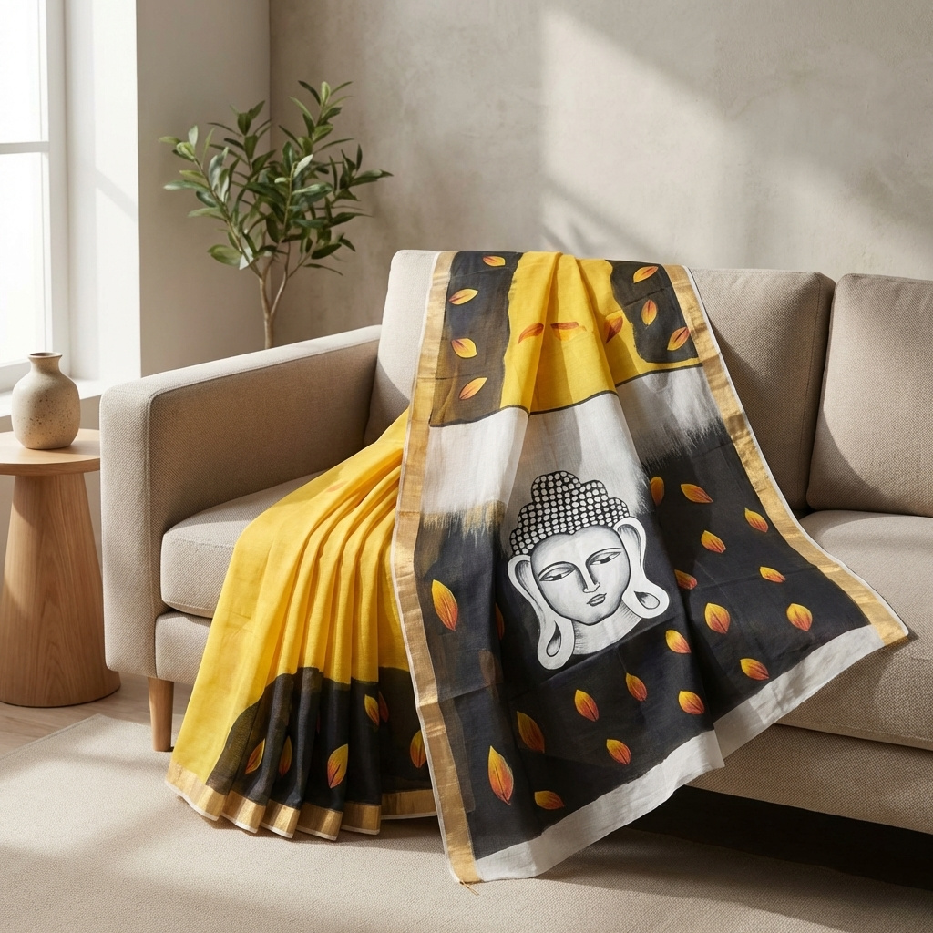 Kerala Hand-Painted Cotton Saree with Buddha Print & Gold Border (Yellow, Black & White) – Includes Blouse Piece