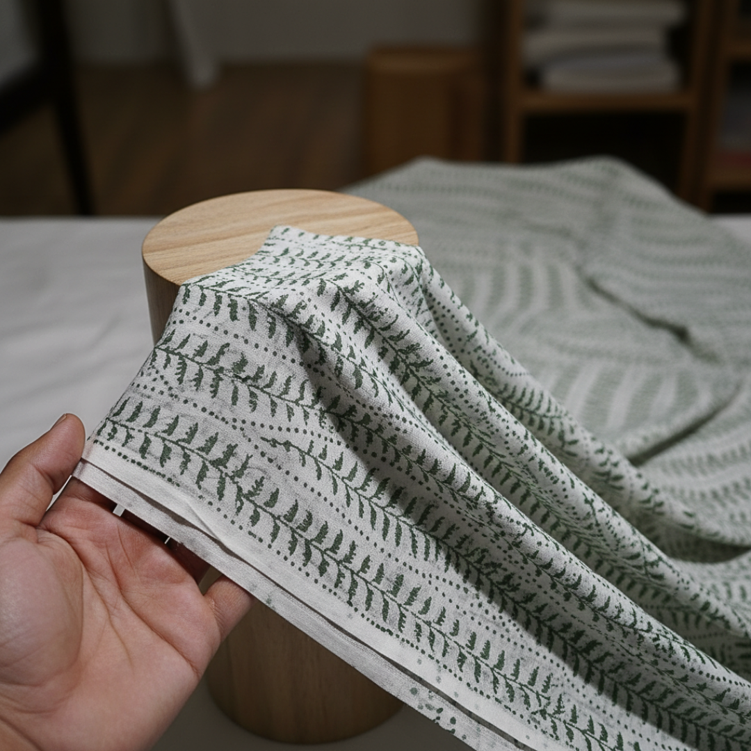Single-Sided Block Printed Mal Cotton Fabric in Grey Leaf Pattern
