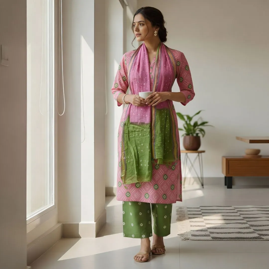 Glace Cotton Suit Fabric with Traditional Tie and Dye Motifs for Cut Top