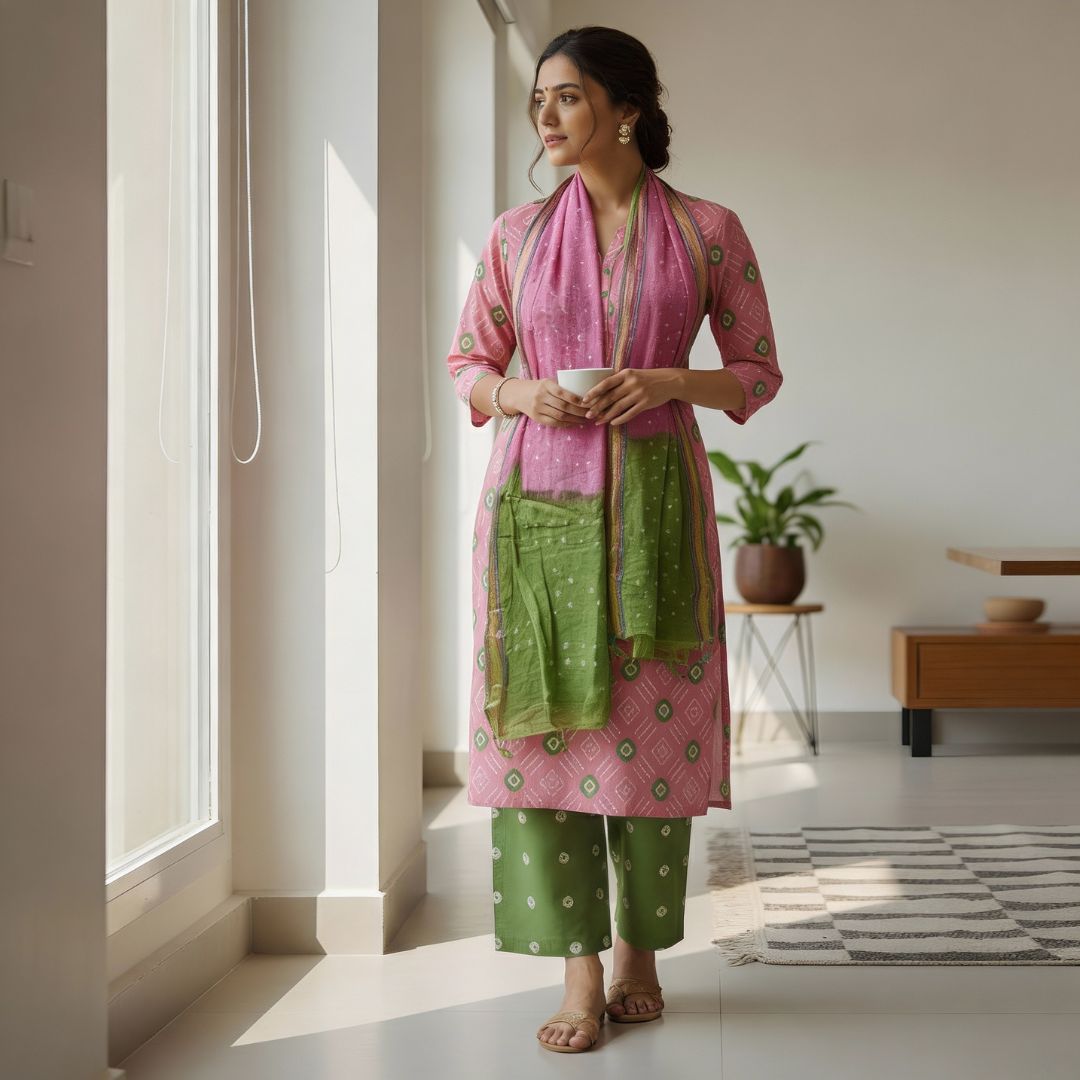 Glace Cotton Suit Fabric with Traditional Tie and Dye Motifs for Cut Top