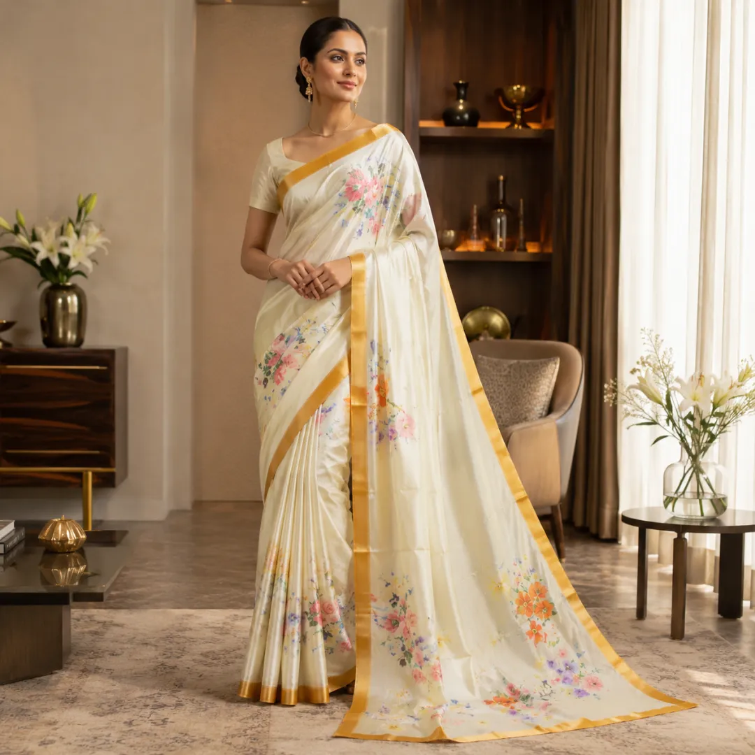 Handcrafted Cream Modal Silk Saree with Multicolor Floral Prints, Gold-Peach Borders & Blouse Piece