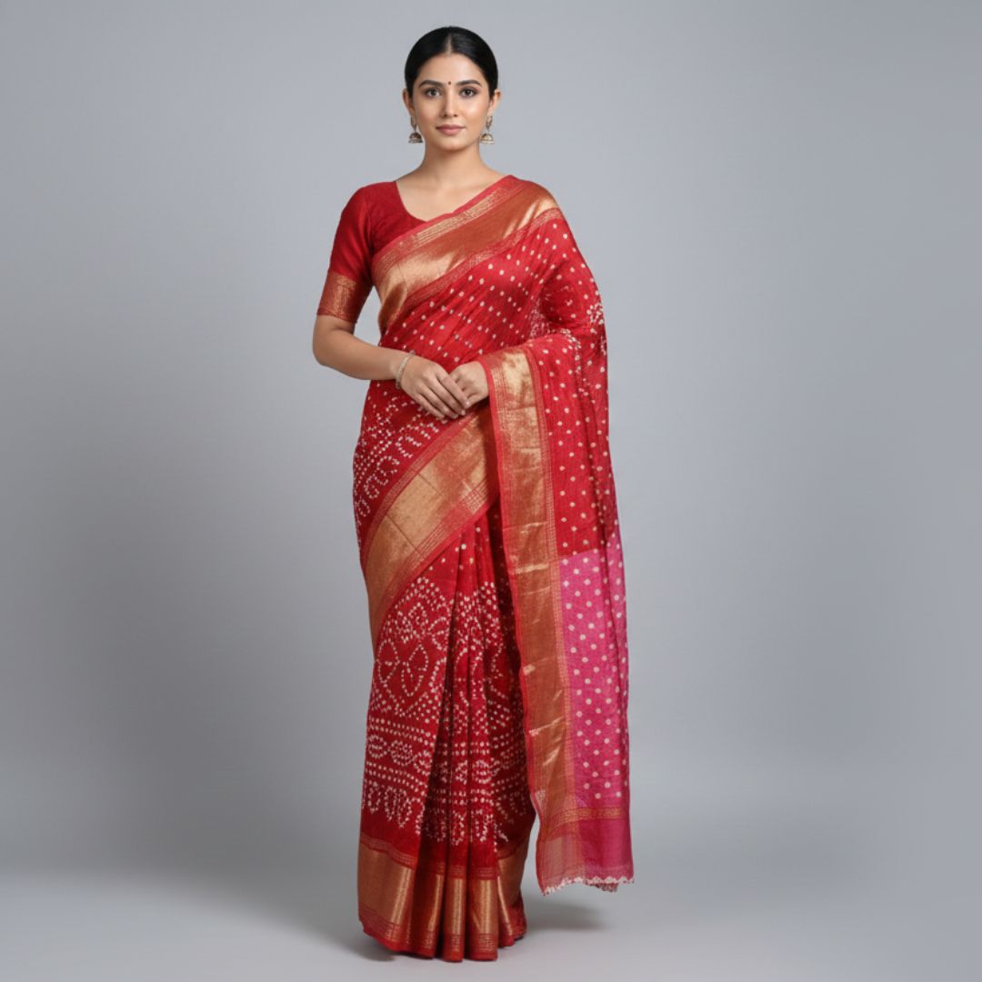 Silk Border Bandhej Saree with Lakdi Patta Pallu and Coordinated Blouse Piece (Unstitched)