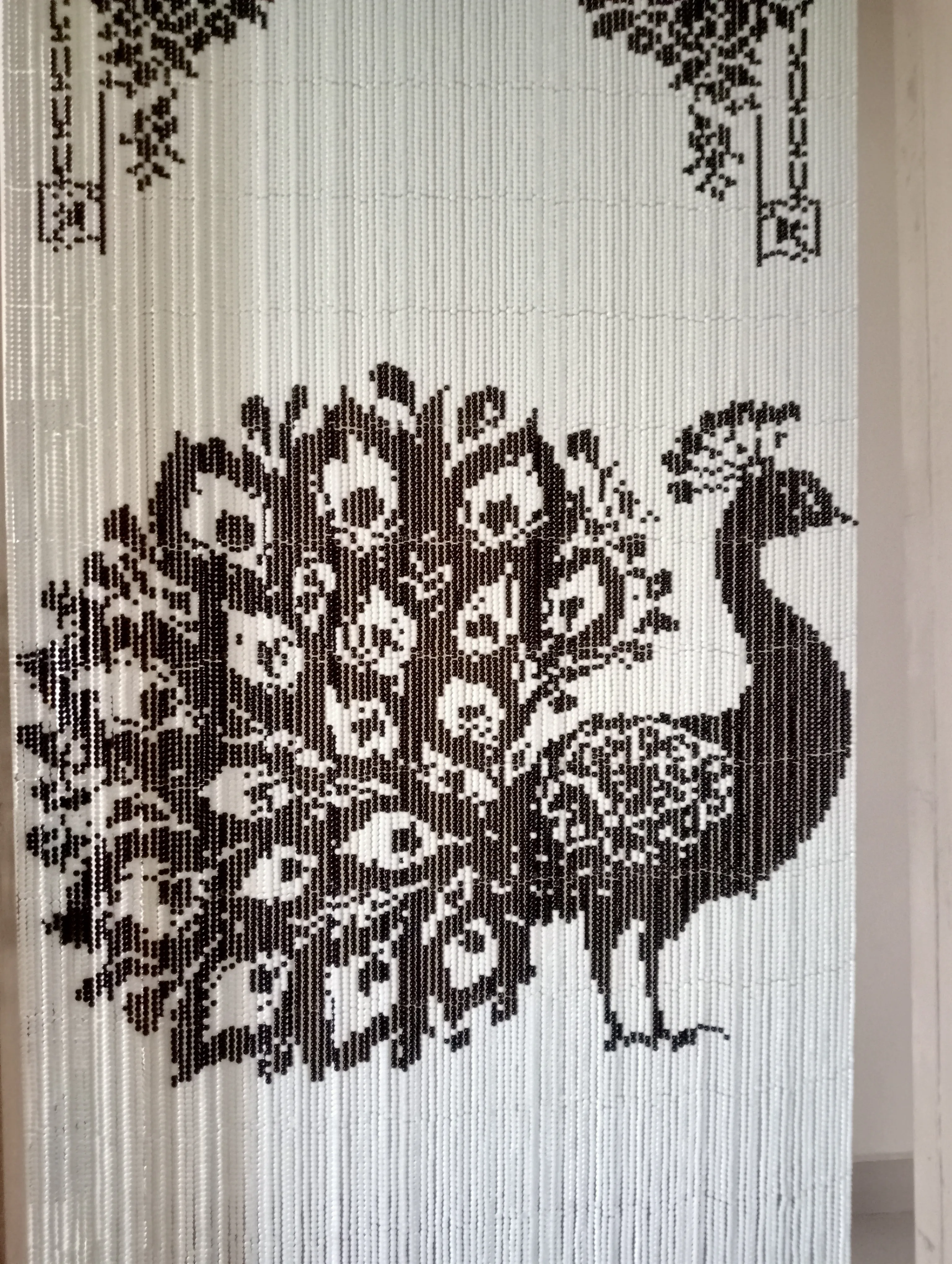 Handcrafted Pixel Glass Bead Curtain - Peacock Design - Featuring 37,700 Black and White Glass Beads