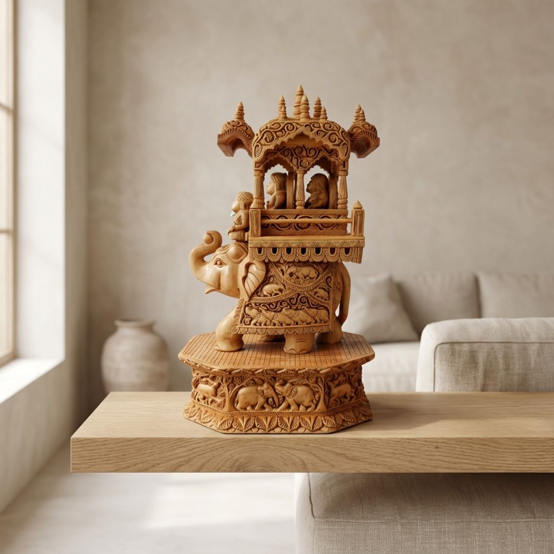 Royal Wooden Elephant Howdah Sculpture in Traditional Maharaja Style