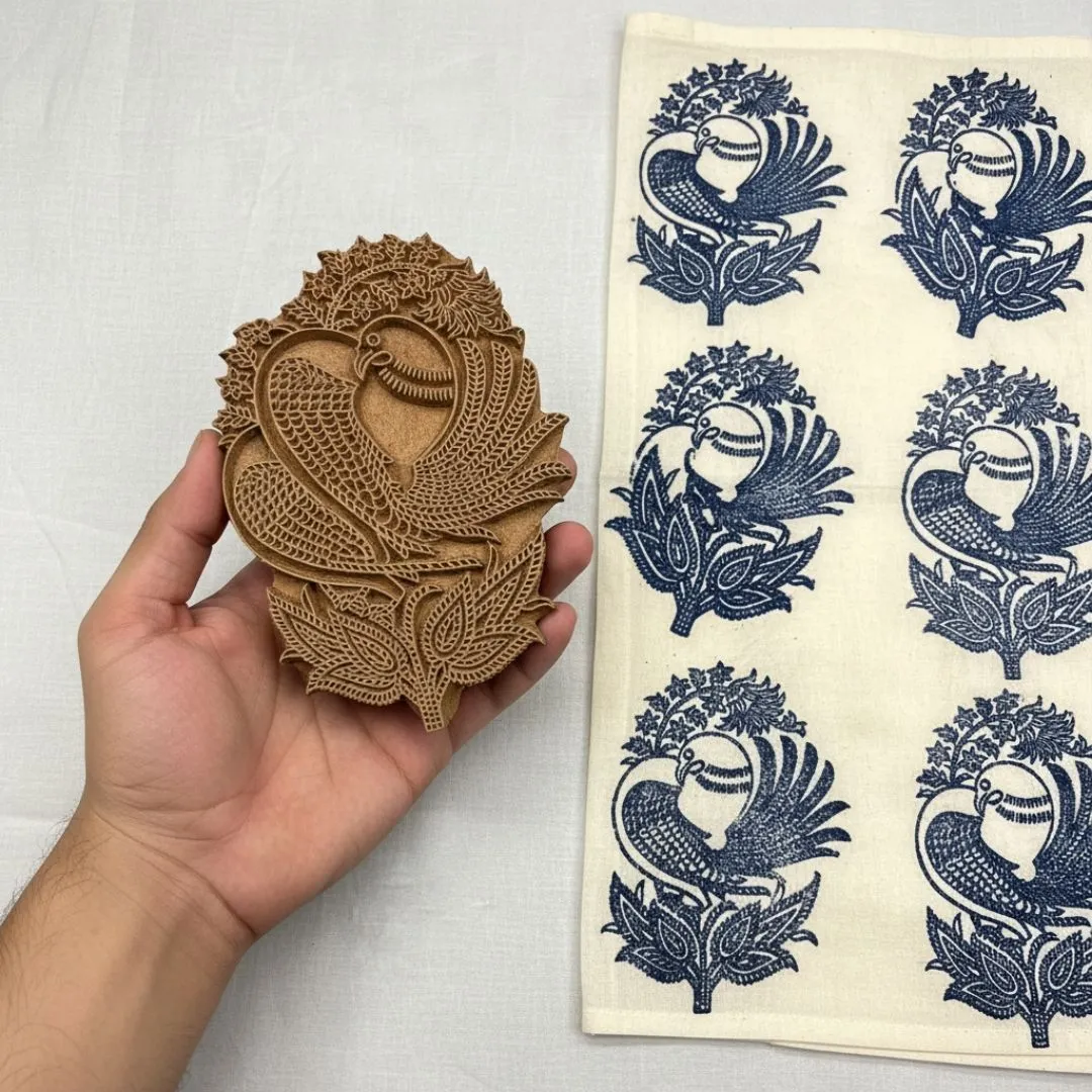 Intricately Carved Roheda Wood Peacock Printing Block