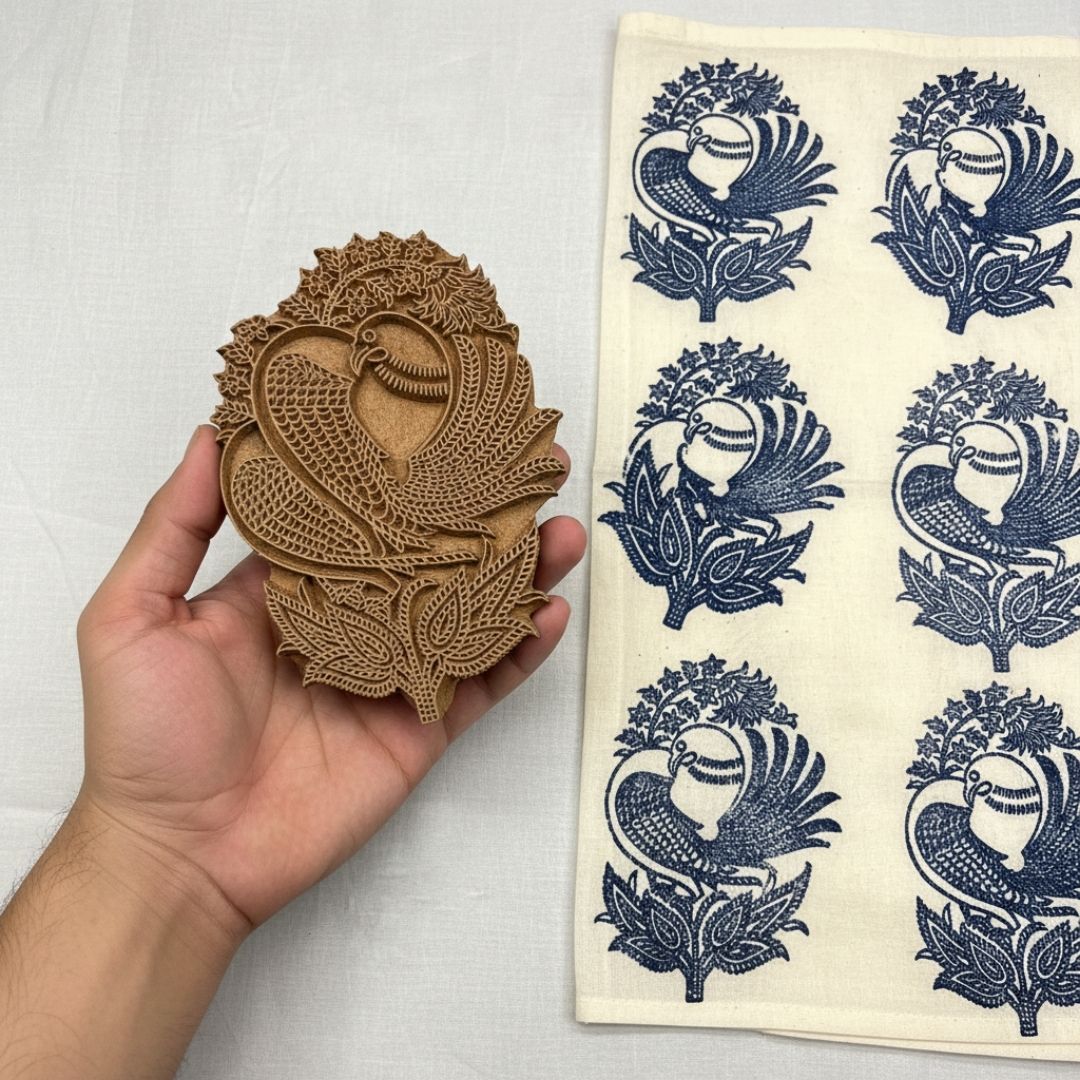 Intricately Carved Roheda Wood Peacock Printing Block