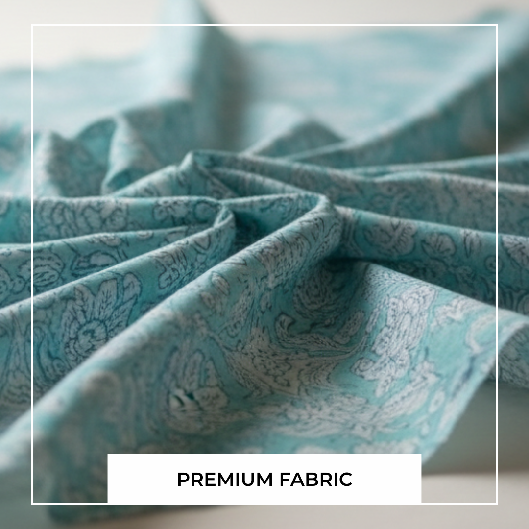 Single-Sided Block Printed Mal Cotton Fabric in Teal Floral Pattern