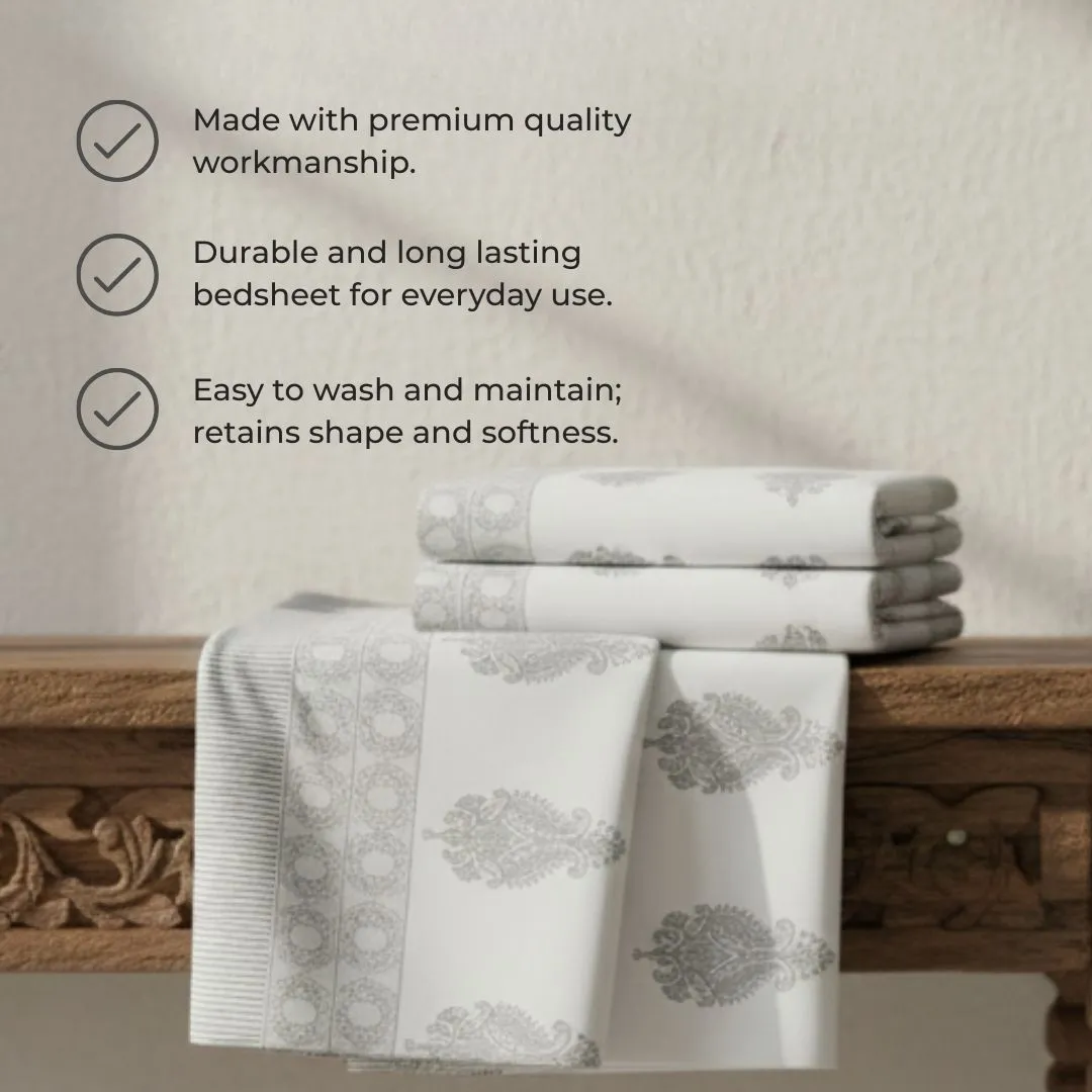 Single-Sided Block Printed Double Bedsheet in Grey Motif