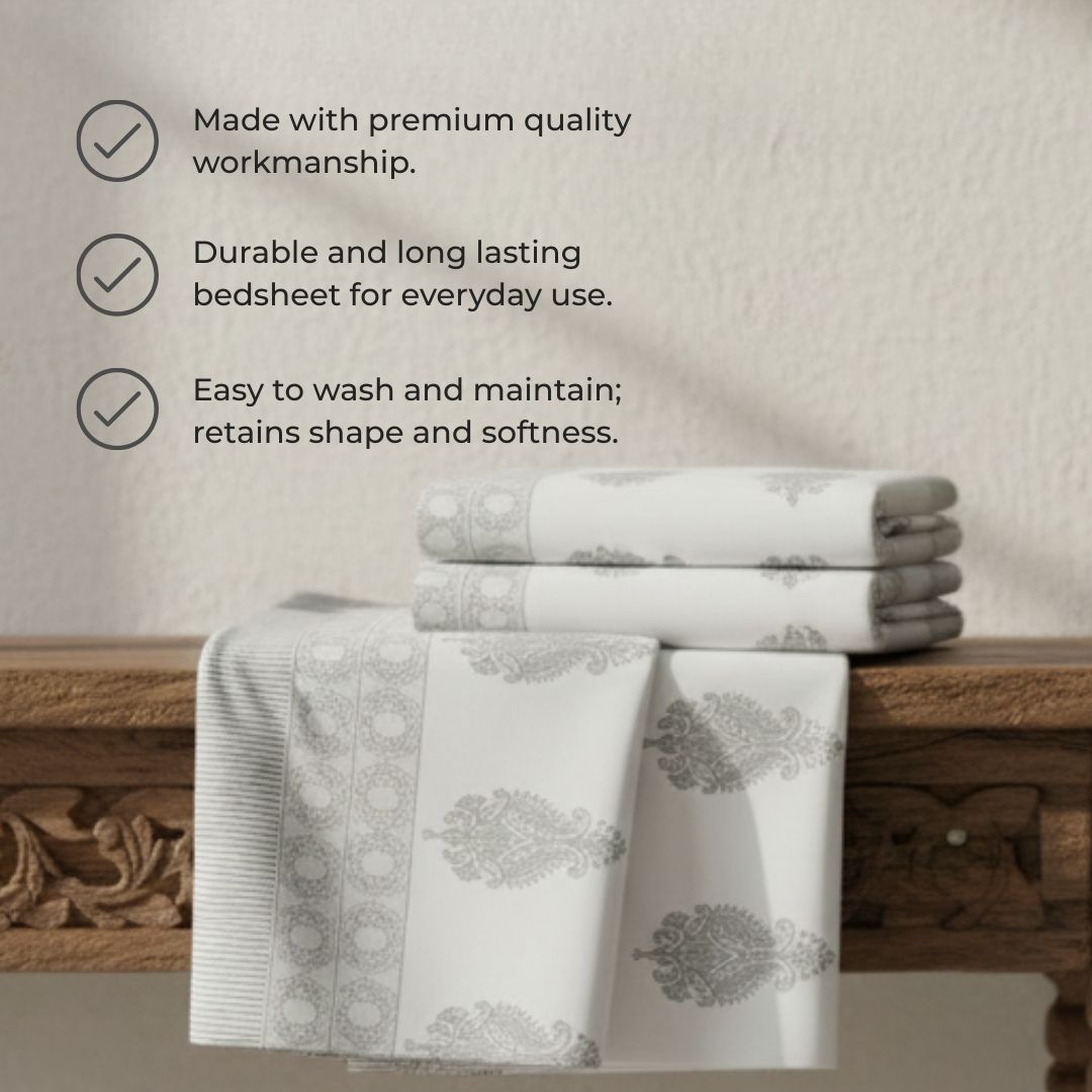 Single-Sided Block Printed Double Bedsheet in Grey Motif