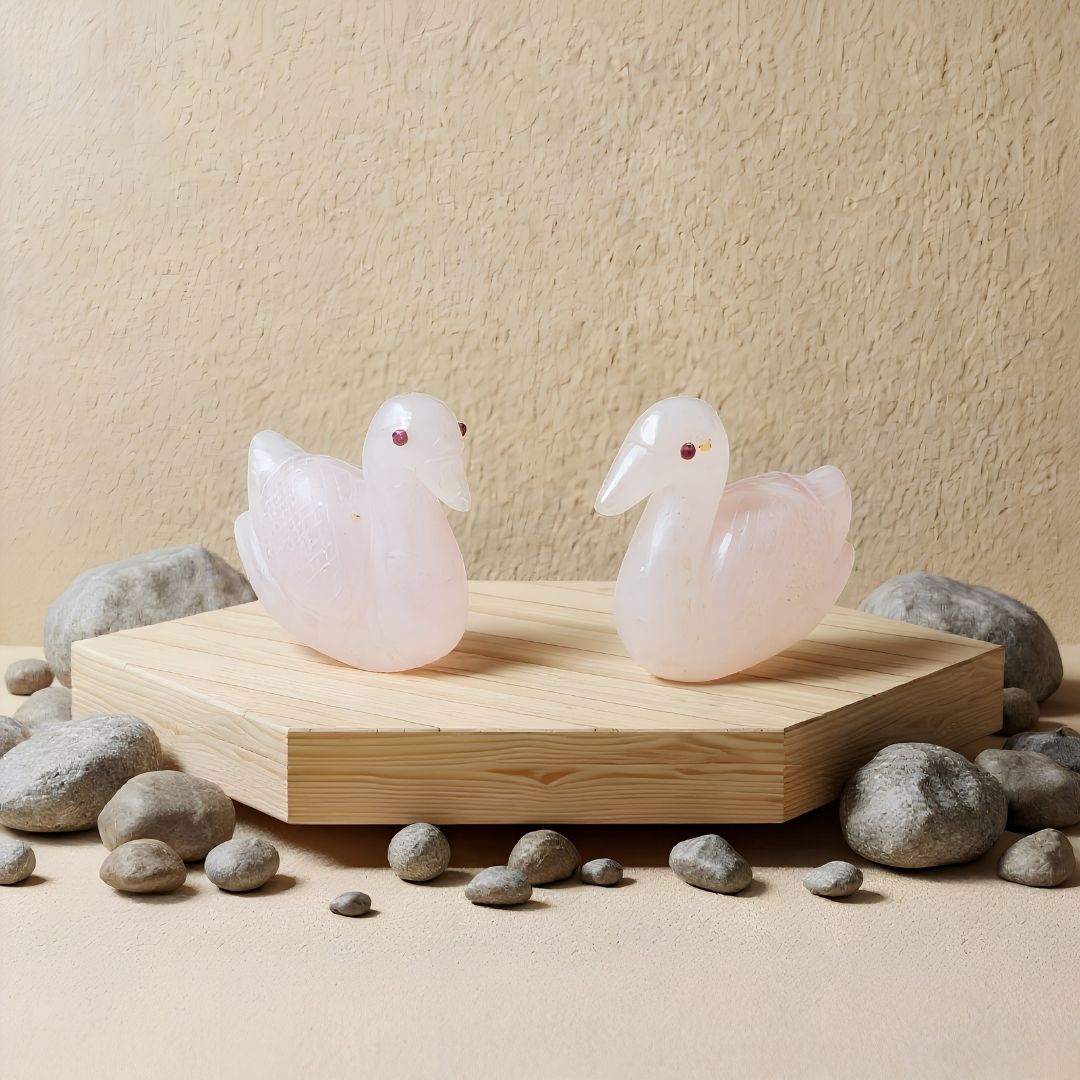 Hand Carved Rose Quartz Bird Pair for Home Decor and Healing Energy