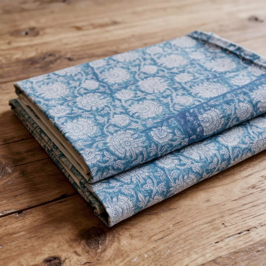 Single-Sided Block Printed Mal Cotton Fabric in Blue Floral Grid Pattern