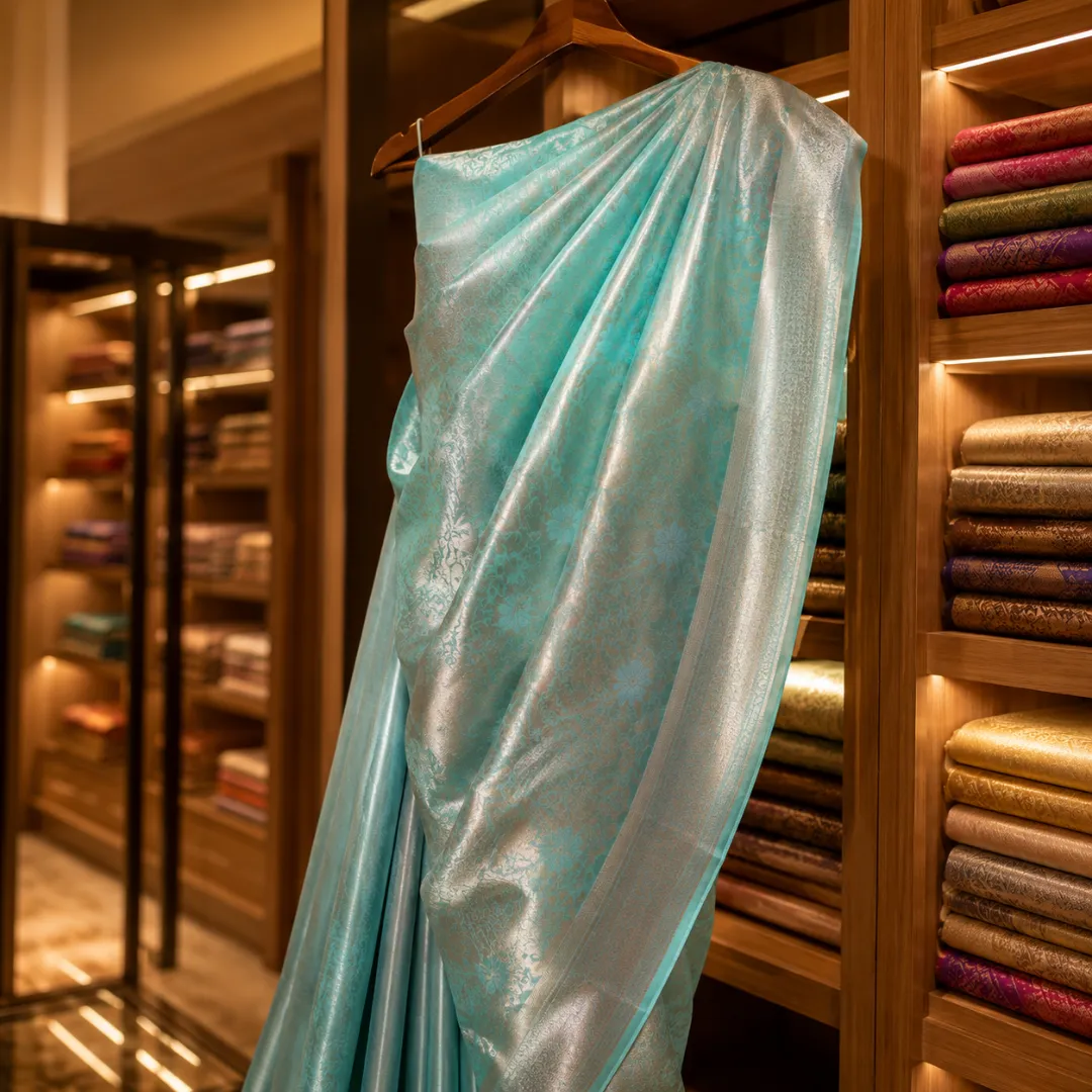 Handcrafted Sea Green Banarasi Kota Tissue Saree
