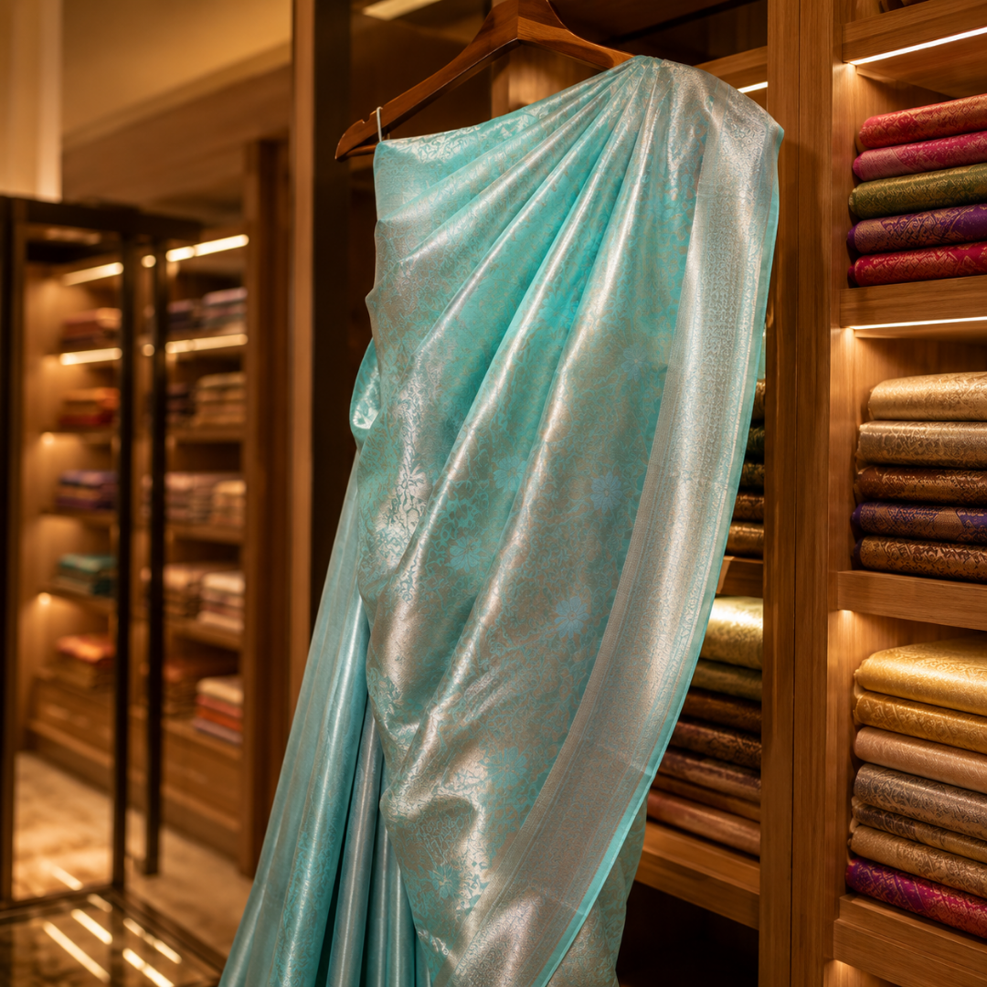 Handcrafted Sea Green Banarasi Kota Tissue Saree