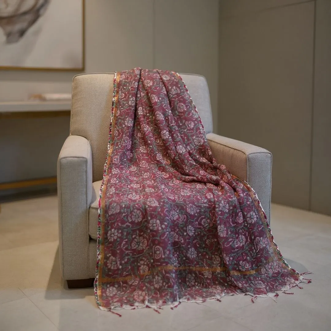 Hand Block Printed Kota Doriya Dupatta in Earthy Floral Pattern