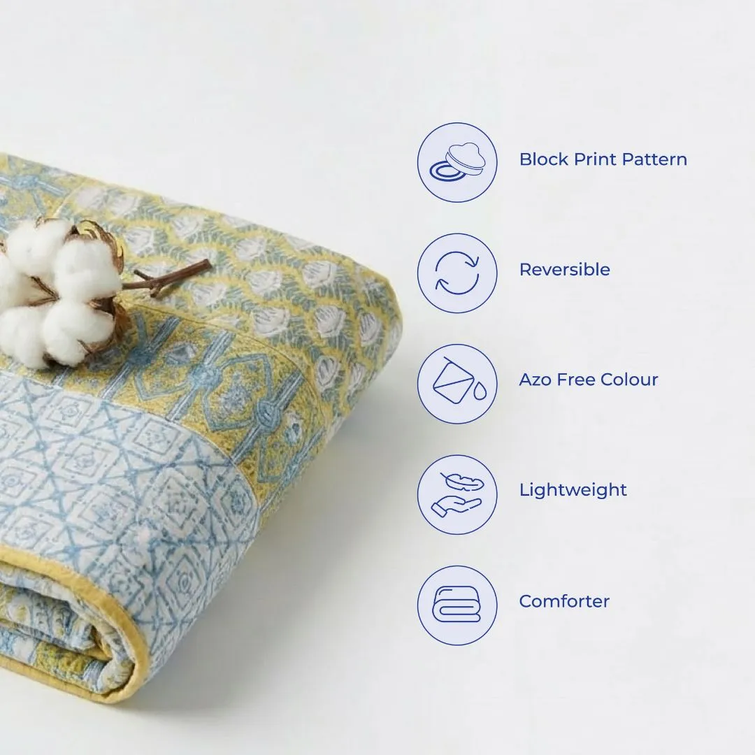 Single Double-Sided Block Printed AC Quilt in Blue Green Pattern