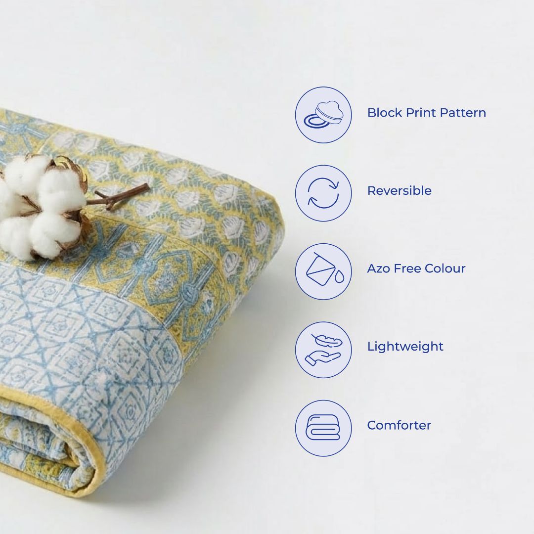 Single Double-Sided Block Printed AC Quilt in Blue Green Pattern