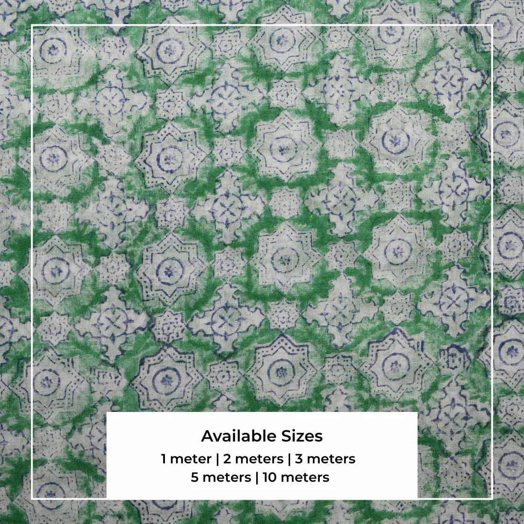 Single-Sided Hand Block Printed Mal Cotton Fabric – Green Floral Motif | Sold Per Meter