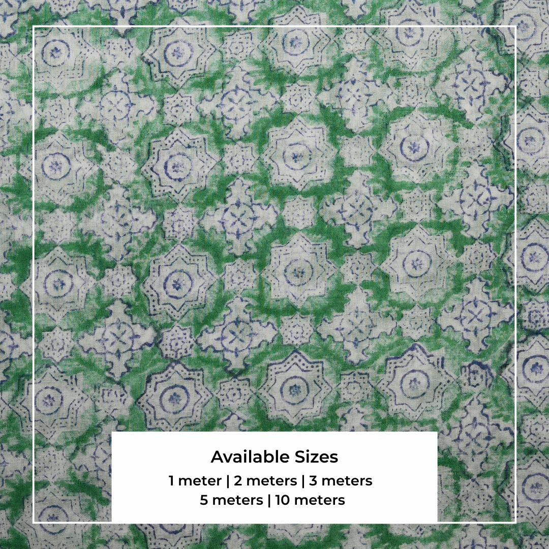 Single-Sided Block Printed Mal Cotton Fabric in Green Floral Motif