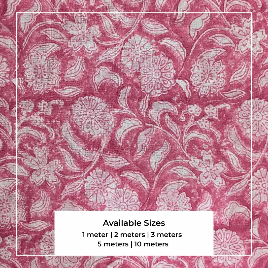 Single-Sided Hand Block Printed Mal Cotton Fabric – Pink Floral | Sold Per Meter