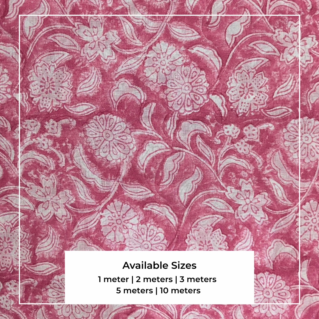 Single-Sided Block Printed Mal Cotton Fabric in Pink Floral Pattern