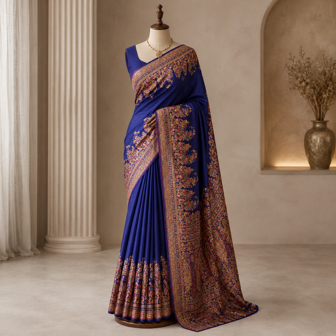 Festive Kashmiri Handcrafted Pashmina Silk Saree – Midnight Blue Elegance