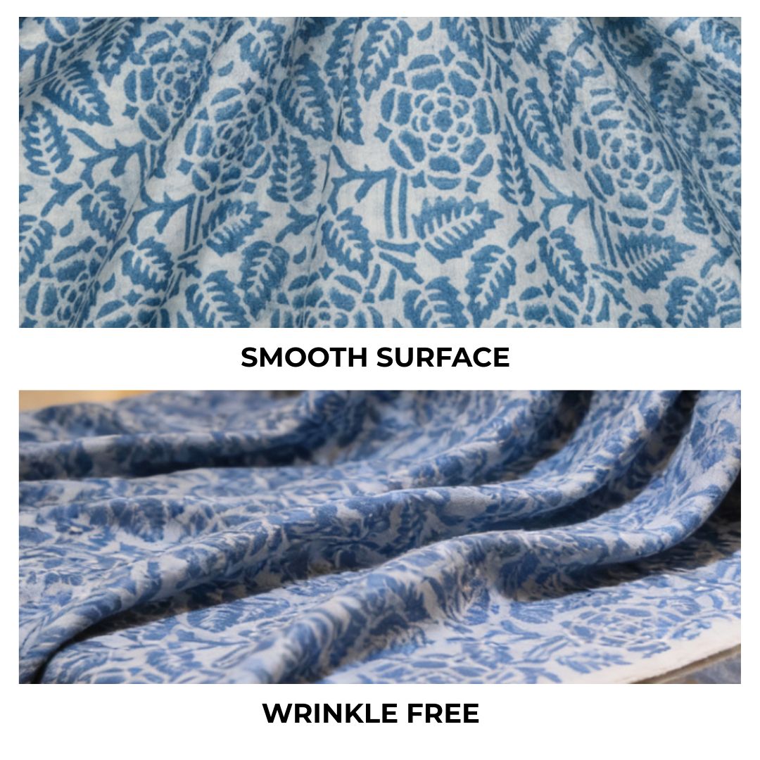 Single-Sided Block Printed Mal Cotton Fabric in Indigo Floral Pattern