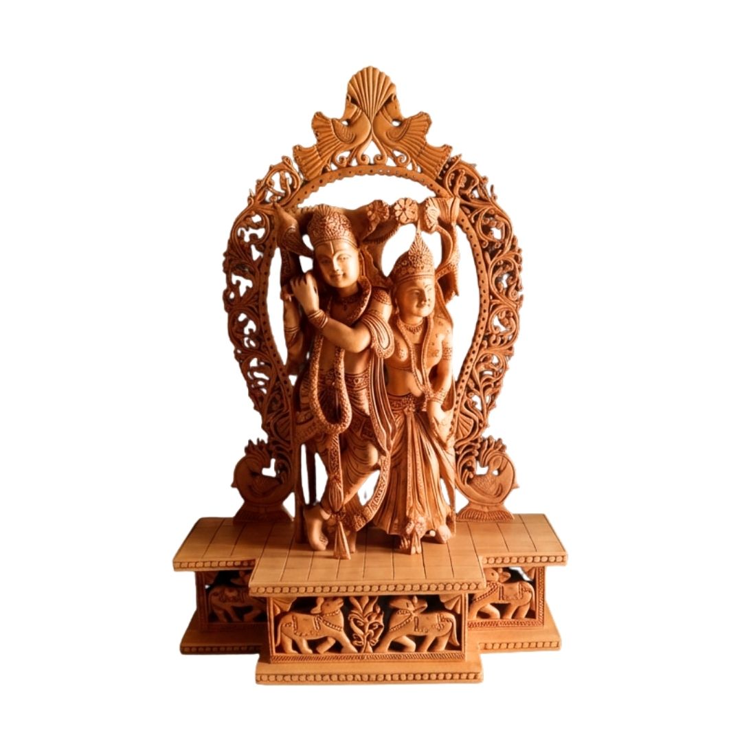 Radha Krishna Jugal Murti with Peacock Arch and Premium Base in Sandalwood
